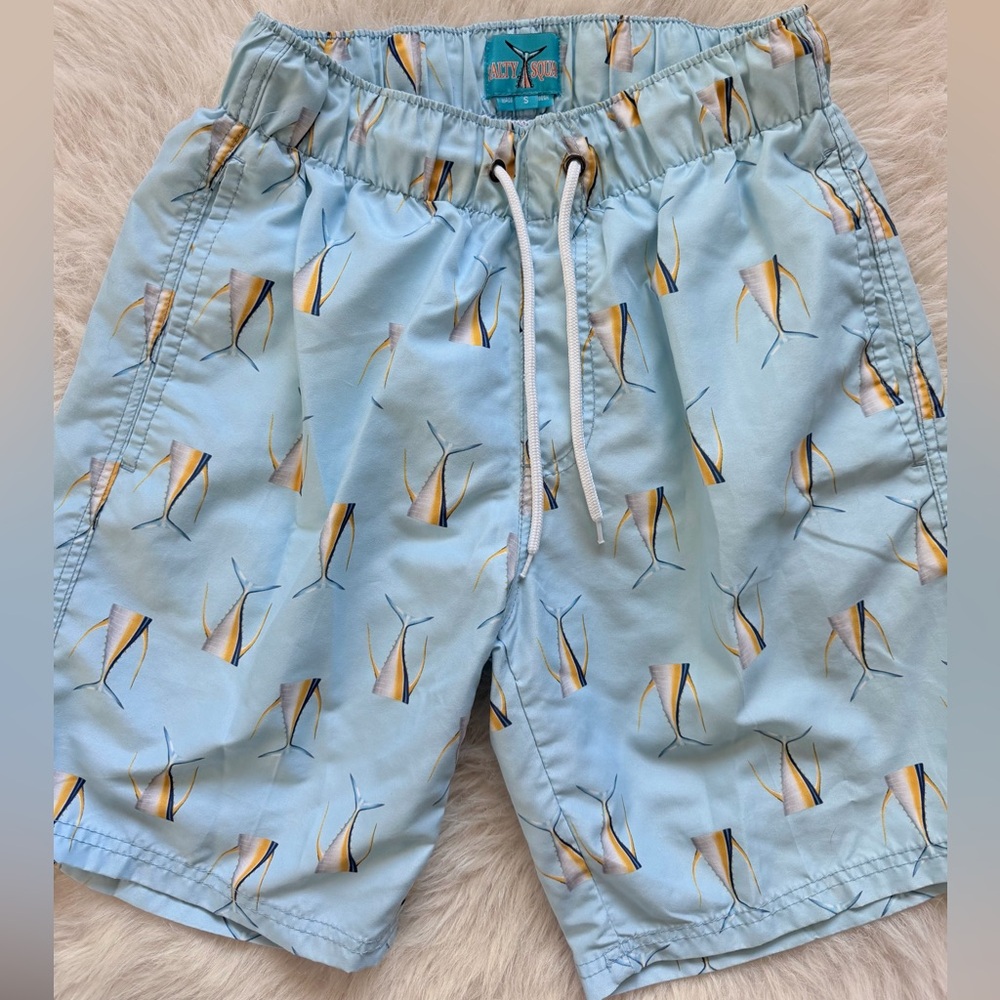 Salty Squad - Light Blue Swim Shorts with Fish Print Men’s Size Small